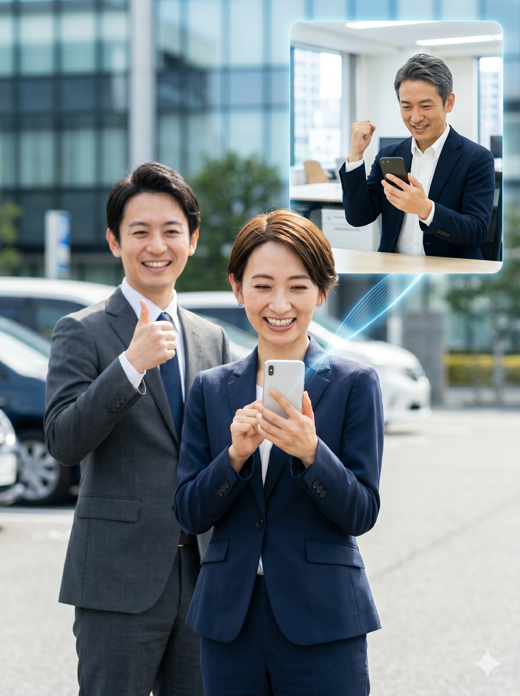 現場の営業担当と上司がAIことレポで遠隔でつながり喜び合う